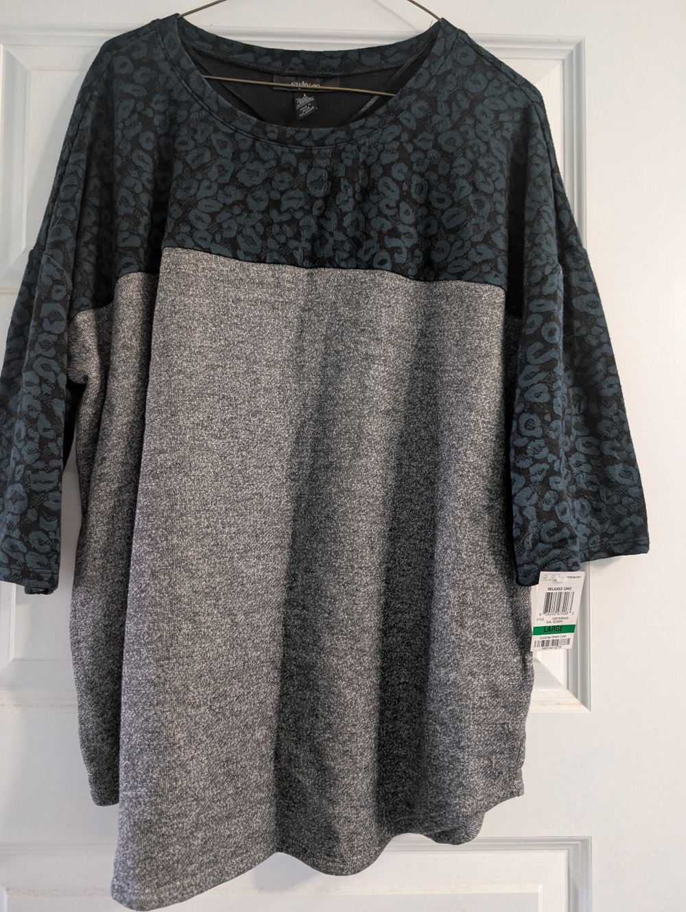 Style & Co. Gray and Teal Leopard Contrast Knit Top